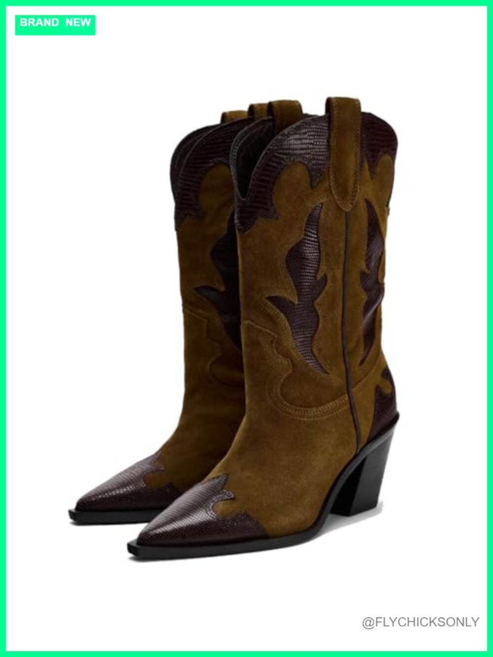 Suede Cowboy Mid Calf Boots Pointed Toe Chunky Block Heel Pull On Wide Calf
